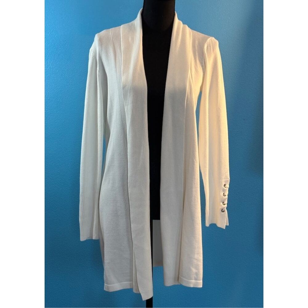 M Magaschoni Open Front Cardigan Sweater White Spring Summer Knit Lacing Cuff L